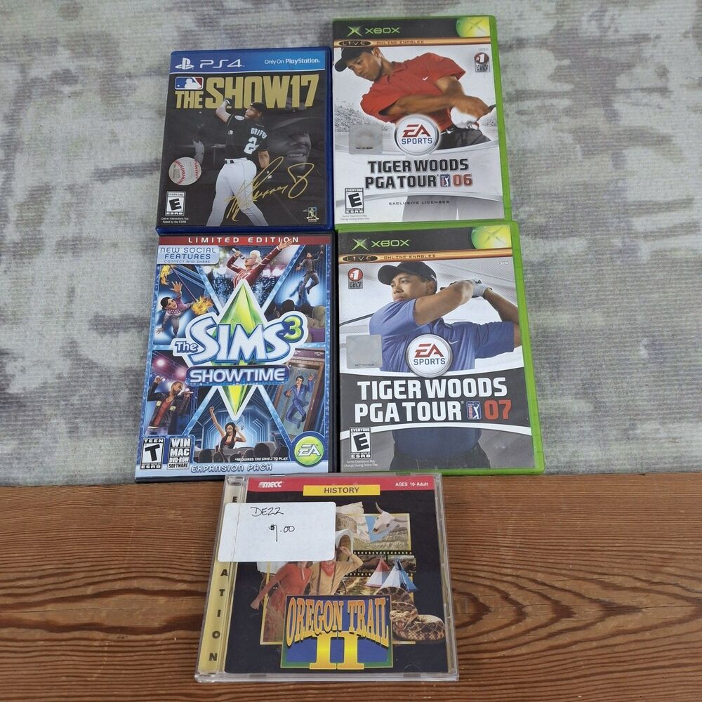 Video Game Lot 5pc MLB The Show 17 PS4 Sims 3 Oregon Trail II Xbox Tiger Woods
